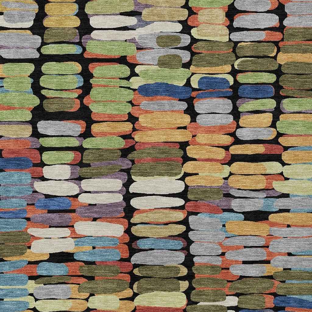 5' X 8' Black Green And Blue Abstract Washable Indoor Outdoor Area Rug