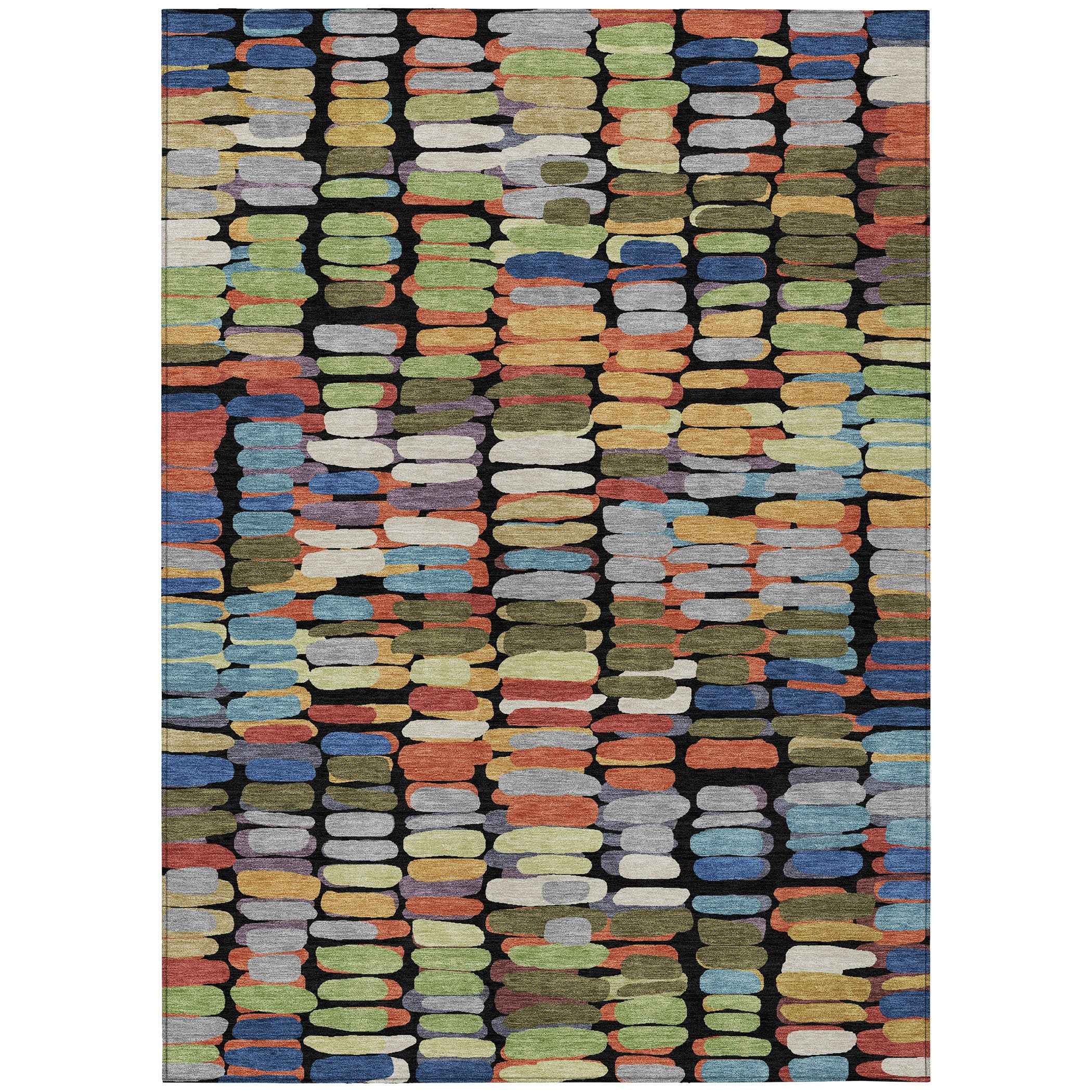 5' X 8' Black Green And Blue Abstract Washable Indoor Outdoor Area Rug