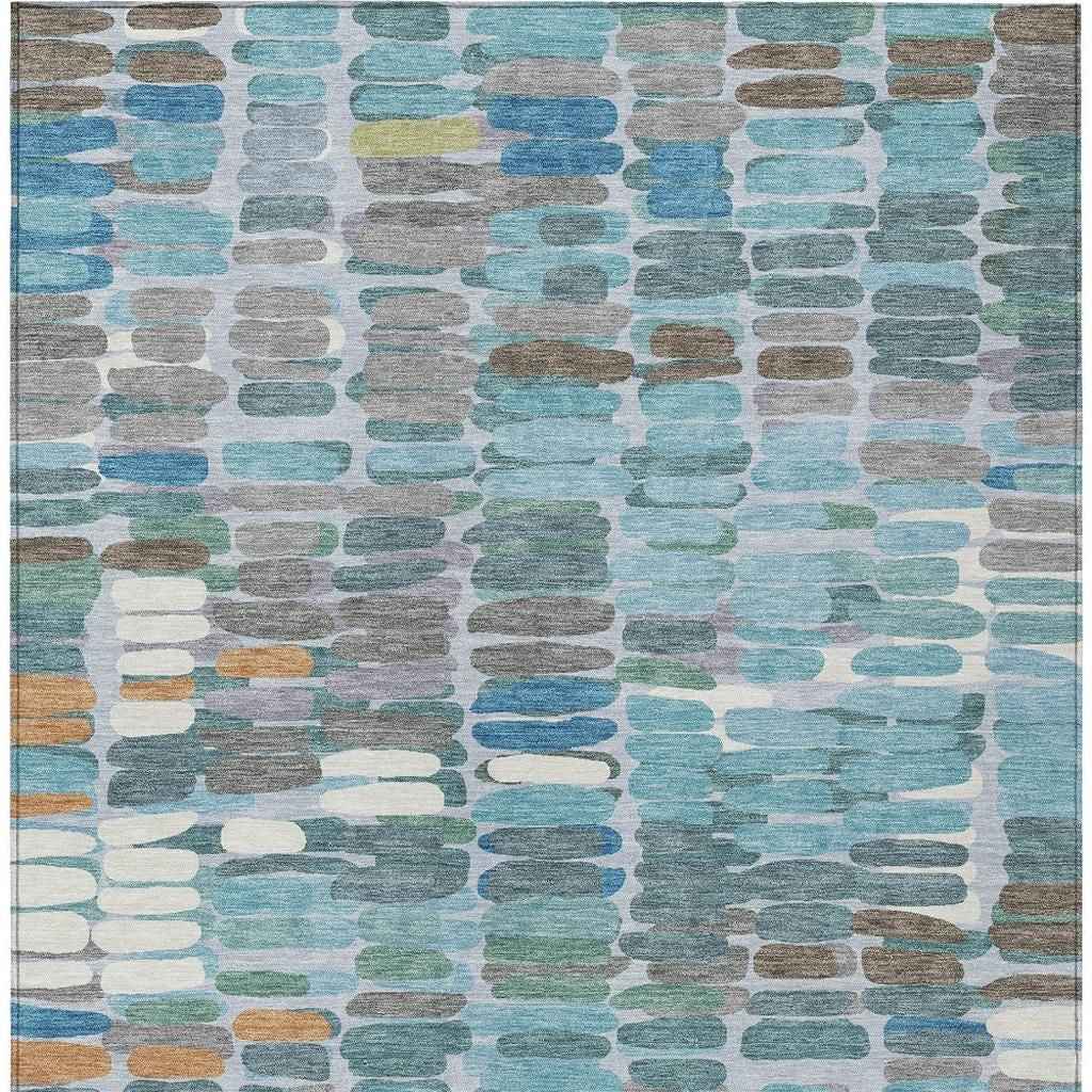 9' X 12' Teal Blue Copper And Ivory Abstract Washable Indoor Outdoor Area Rug