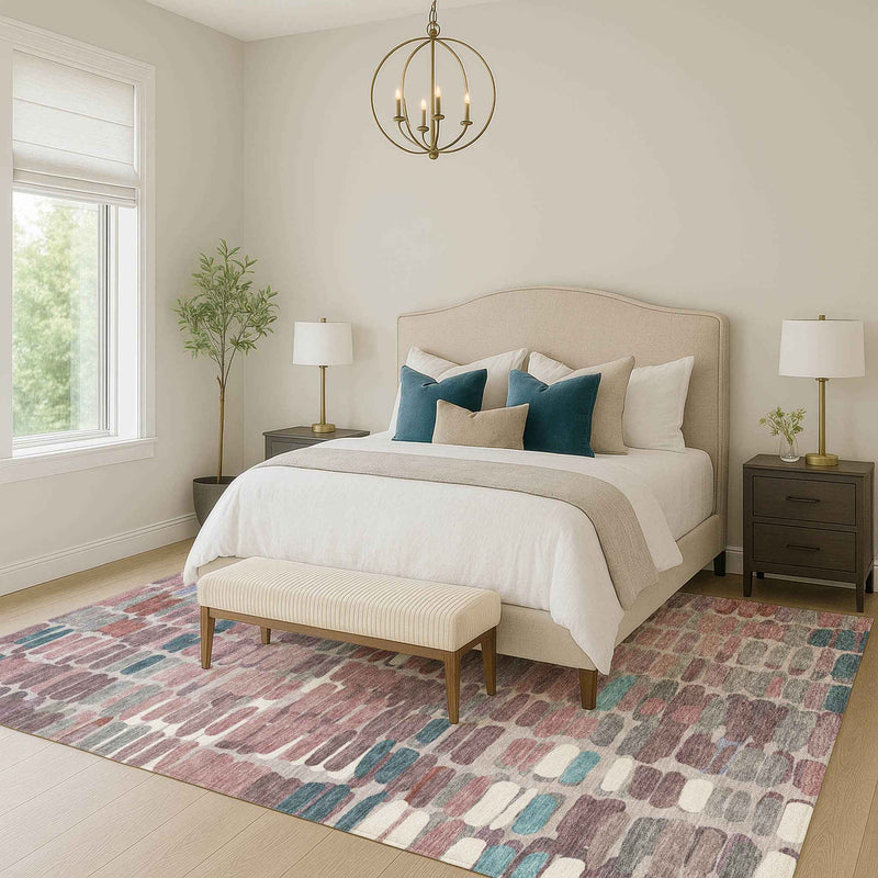 9' X 12' Blush Pink And Merlot Abstract Washable Indoor Outdoor Area Rug