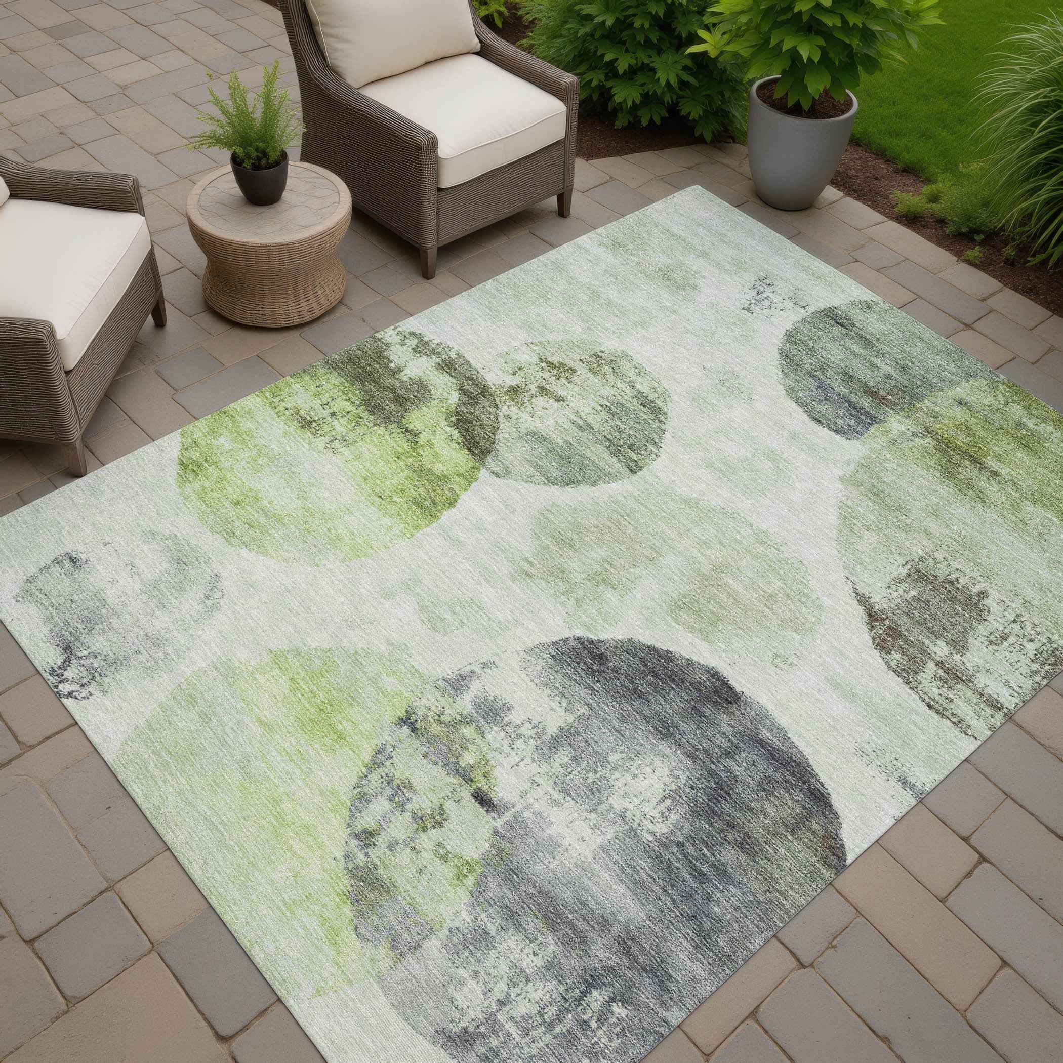 10' X 14' Artichoke Green And Ivory Abstract Washable Indoor Outdoor Area Rug