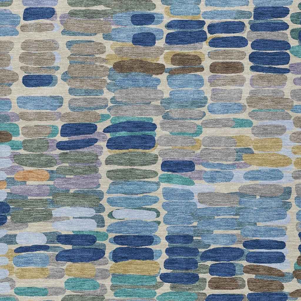8' X 10' Denim Blue Wheat And Beige Abstract Washable Indoor Outdoor Area Rug