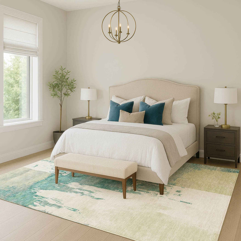 10' X 14' Artichoke Green Ivory And Aqua Abstract Washable Indoor Outdoor Area Rug