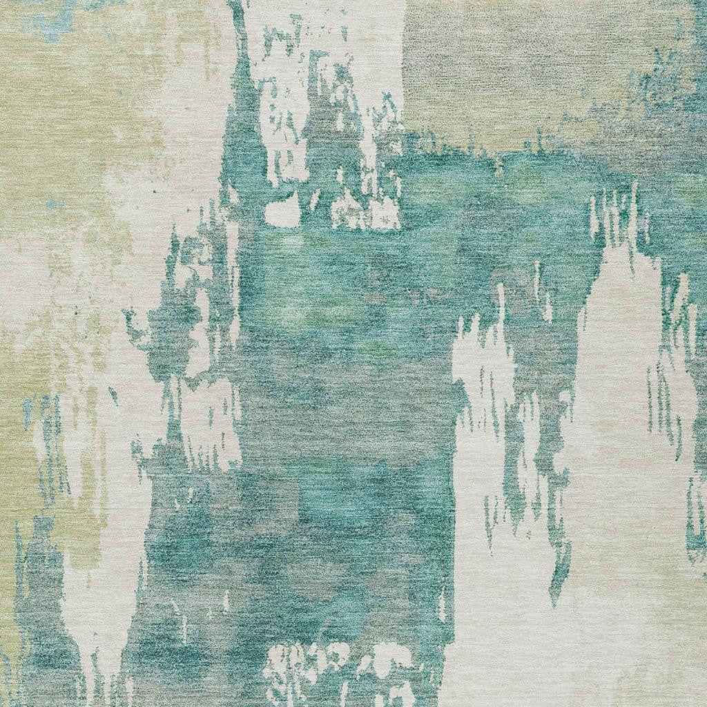 10' X 14' Artichoke Green Ivory And Aqua Abstract Washable Indoor Outdoor Area Rug