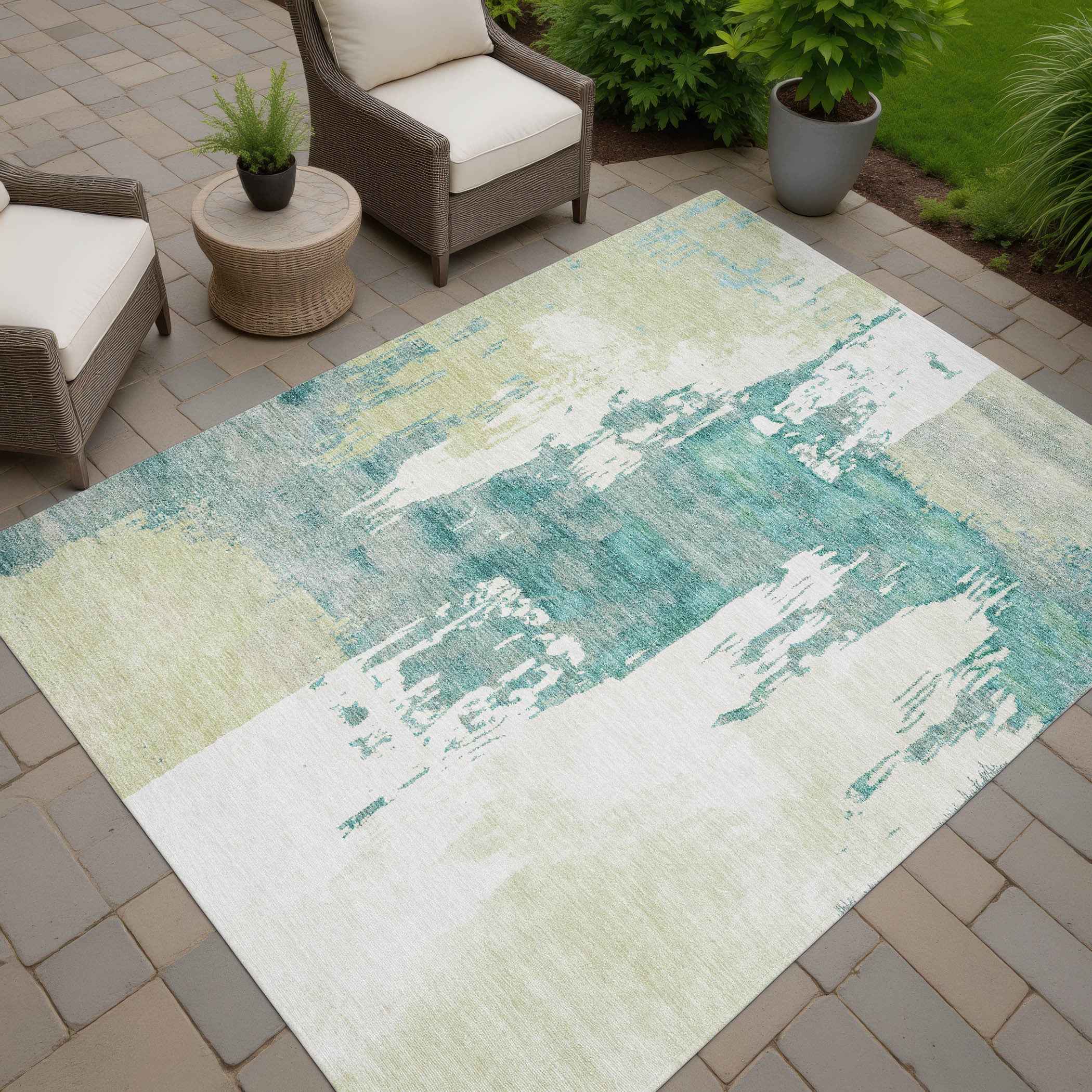 10' X 14' Artichoke Green Ivory And Aqua Abstract Washable Indoor Outdoor Area Rug