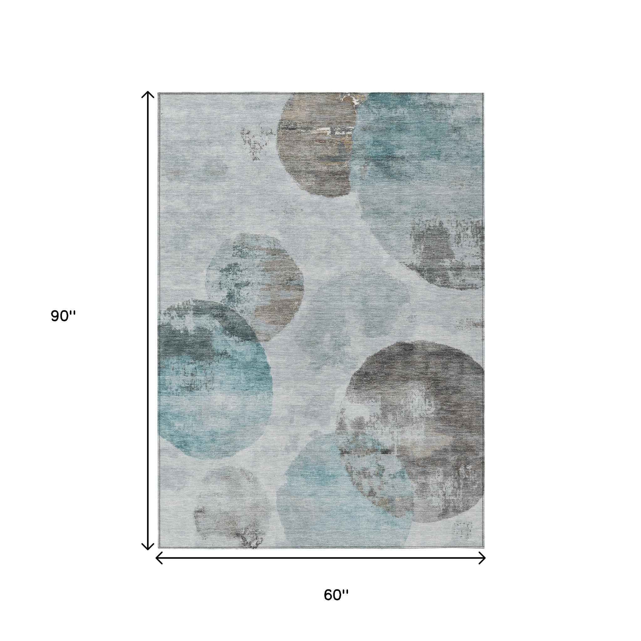 5' X 8' Teal Blue Ivory And Taupe Abstract Washable Indoor Outdoor Area Rug