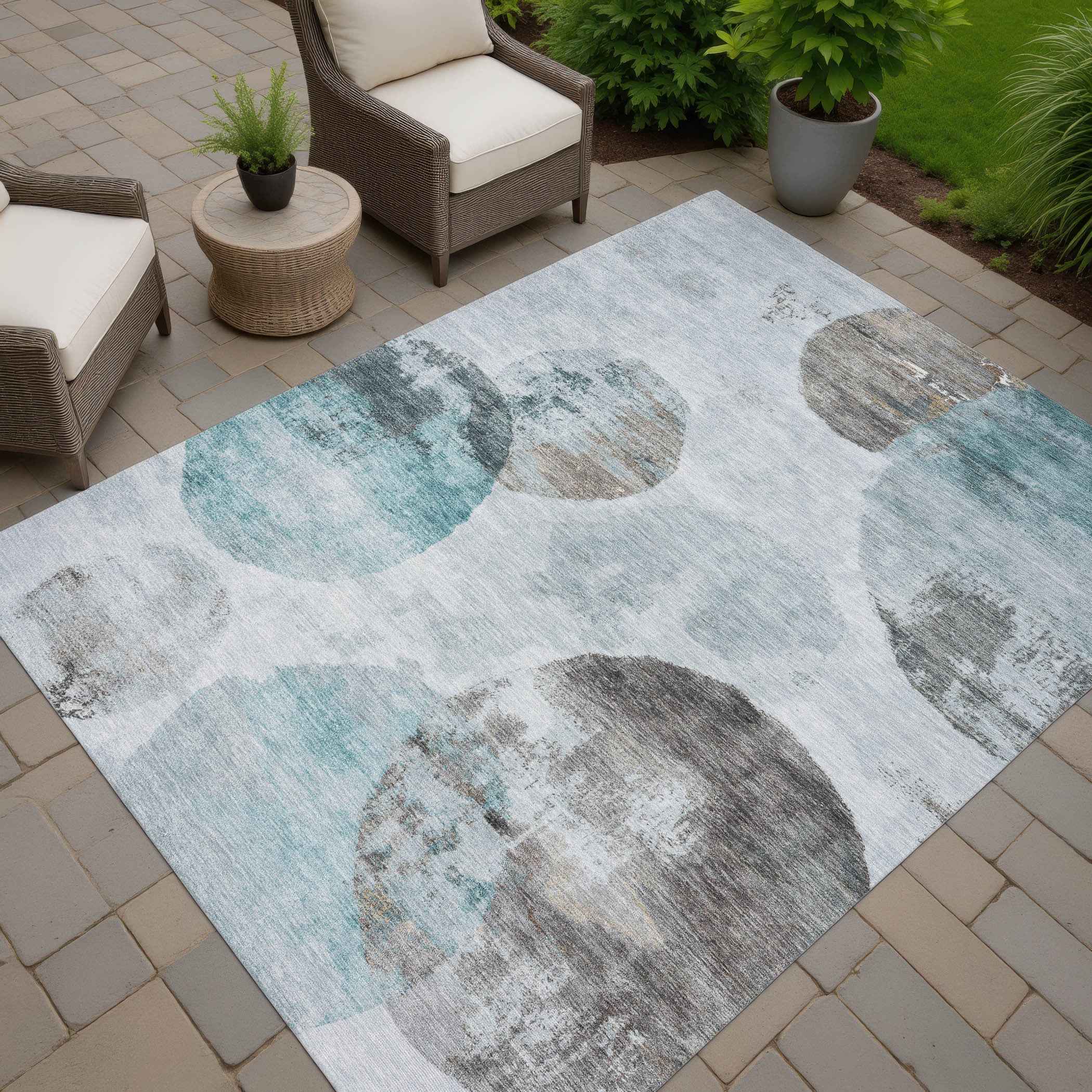 5' X 8' Teal Blue Ivory And Taupe Abstract Washable Indoor Outdoor Area Rug