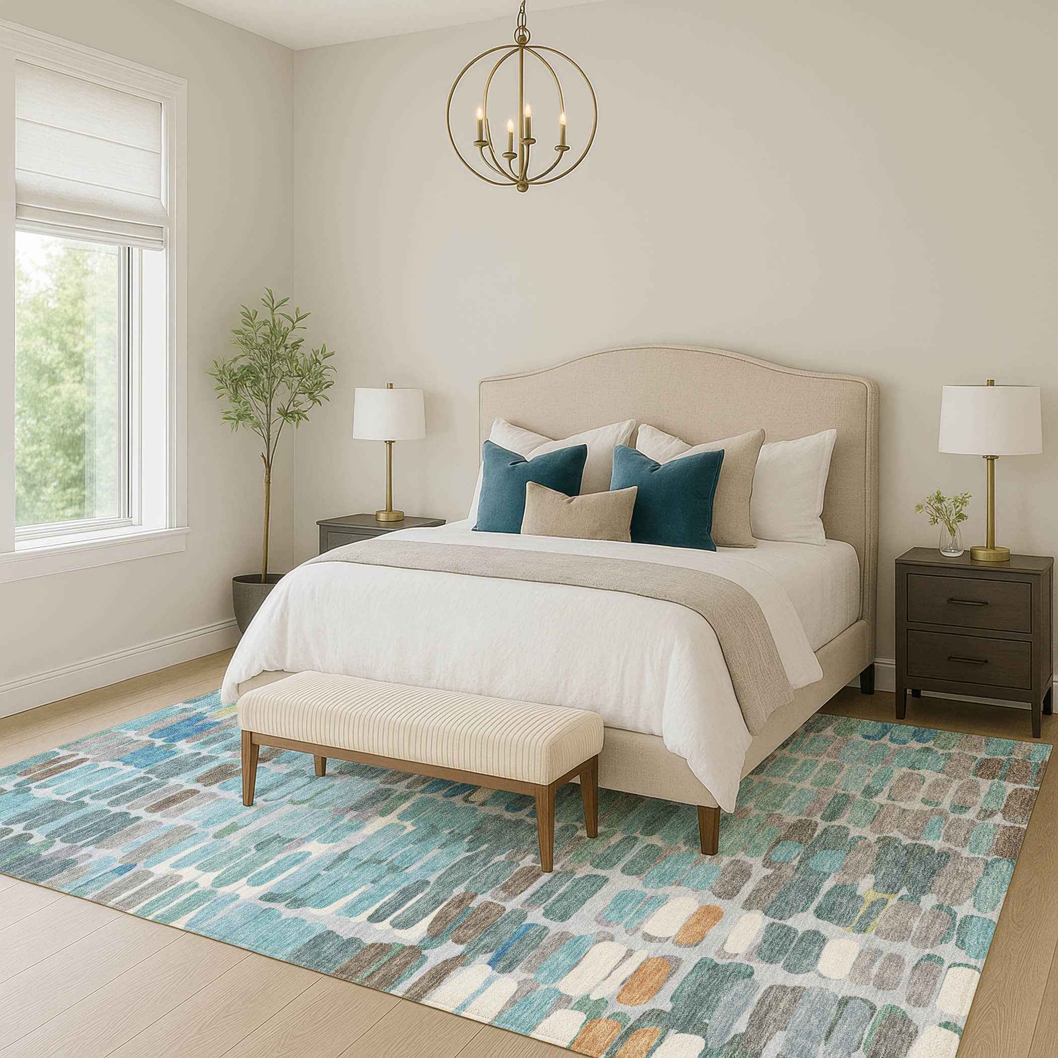 3' X 5' Teal Blue Copper And Ivory Abstract Washable Indoor Outdoor Area Rug