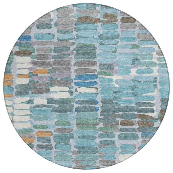 8' Teal Blue Copper And Ivory Round Abstract Washable Indoor Outdoor Area Rug