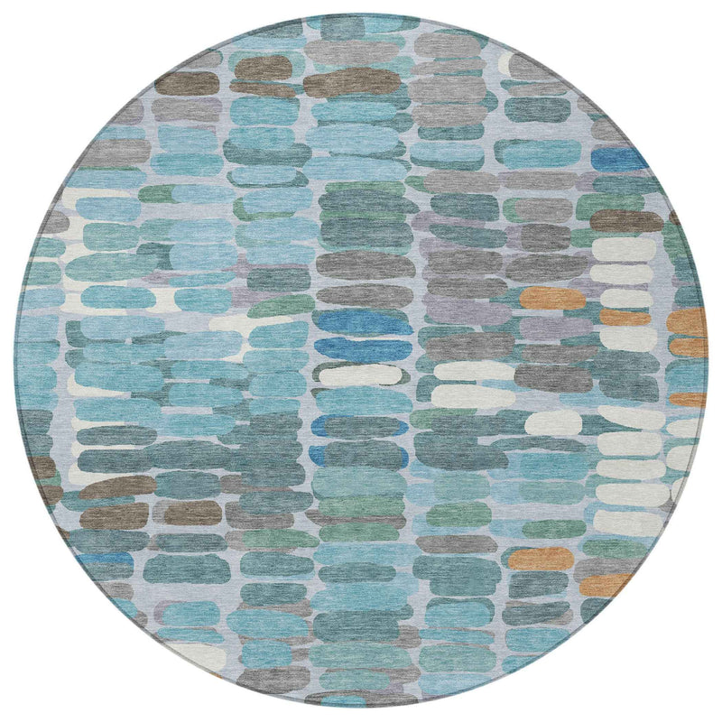 8' Teal Blue Copper And Ivory Round Abstract Washable Indoor Outdoor Area Rug