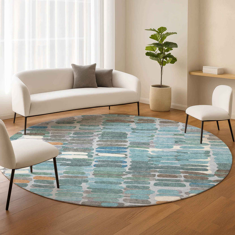 8' Teal Blue Copper And Ivory Round Abstract Washable Indoor Outdoor Area Rug