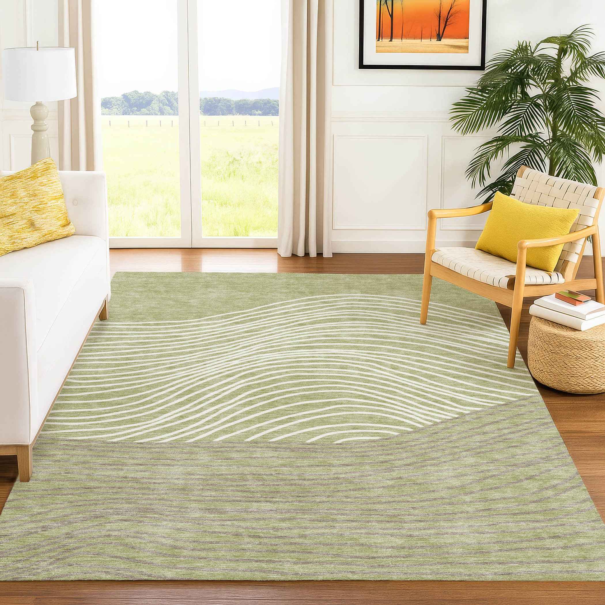 5' X 8' Artichoke Green And Ivory Striped Washable Indoor Outdoor Area Rug
