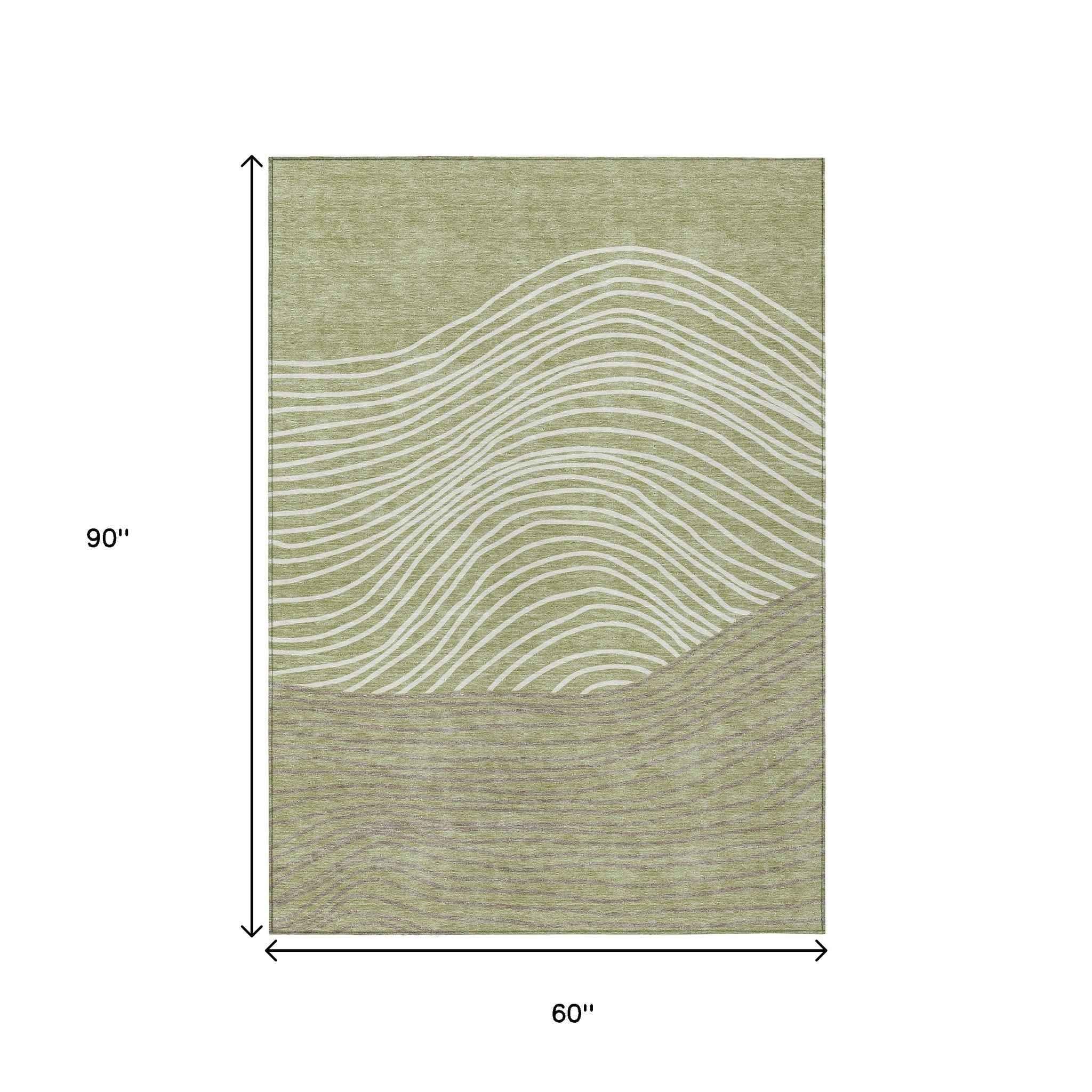 5' X 8' Artichoke Green And Ivory Striped Washable Indoor Outdoor Area Rug