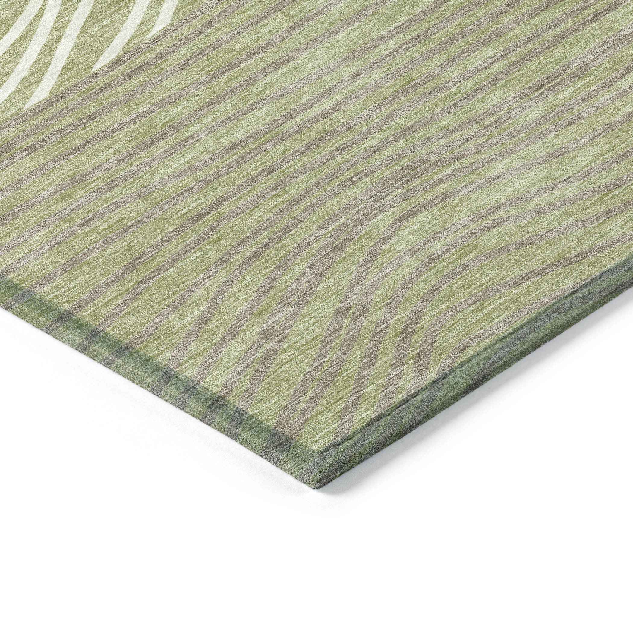 5' X 8' Artichoke Green And Ivory Striped Washable Indoor Outdoor Area Rug