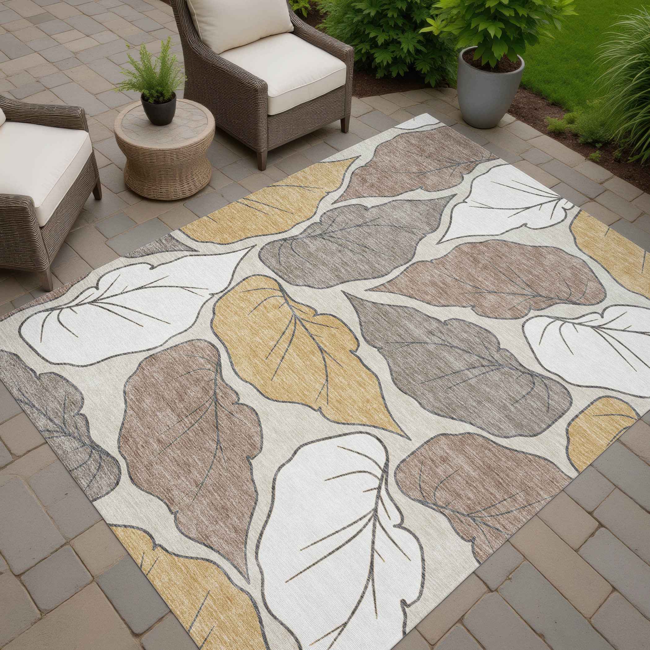 5' X 8' Linen Ivory And Brown Botanical Leaves Washable Indoor Outdoor Area Rug