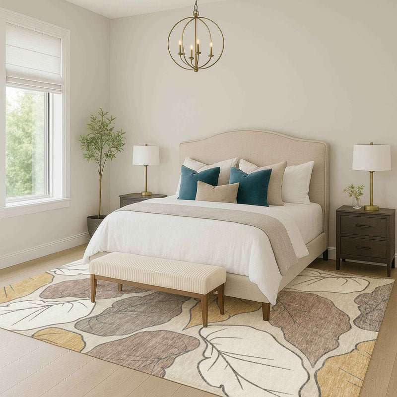 5' X 8' Linen Ivory And Brown Botanical Leaves Washable Indoor Outdoor Area Rug