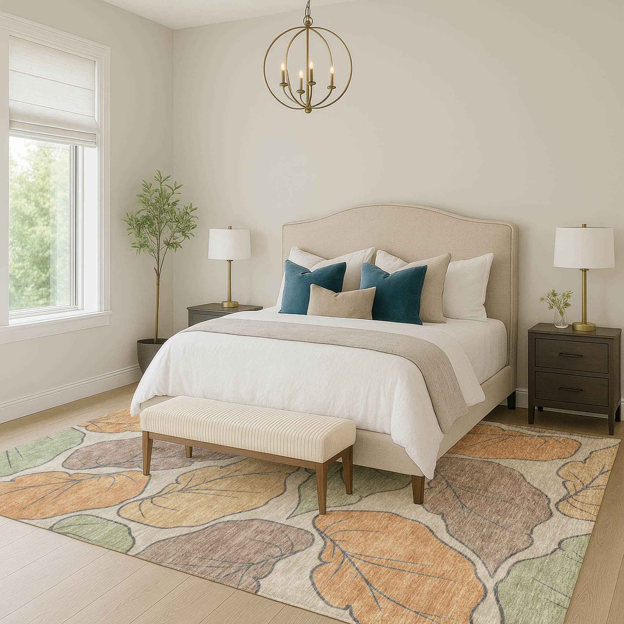 5' X 8' Copper Ivory And Sage Botanical Leaves Washable Indoor Outdoor Area Rug