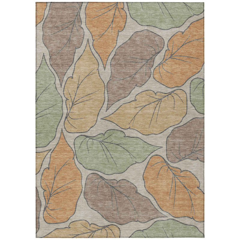 5' X 8' Copper Ivory And Sage Botanical Leaves Washable Indoor Outdoor Area Rug