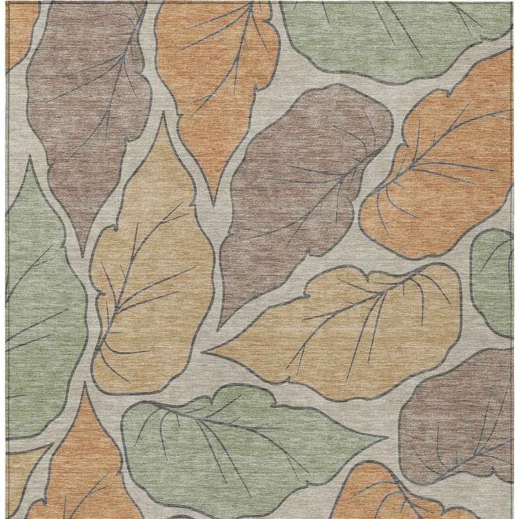 5' X 8' Copper Ivory And Sage Botanical Leaves Washable Indoor Outdoor Area Rug