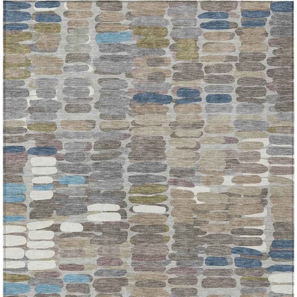 9' X 12' Taupe Ivory And Blue Abstract Washable Indoor Outdoor Area Rug
