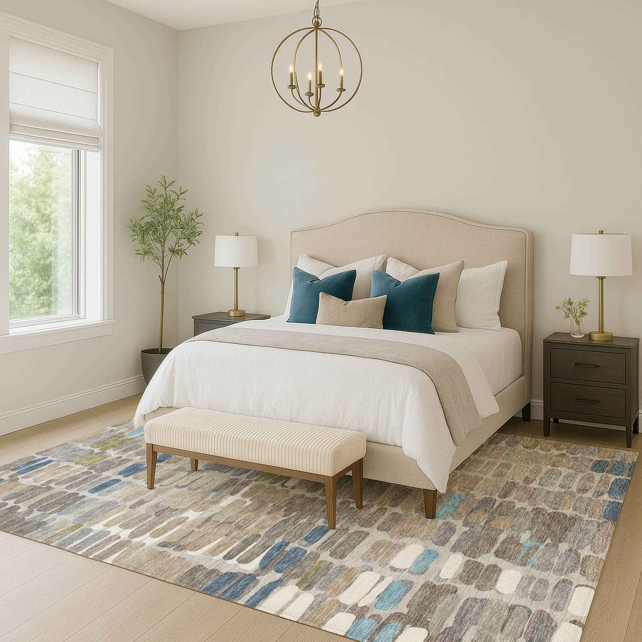 9' X 12' Taupe Ivory And Blue Abstract Washable Indoor Outdoor Area Rug