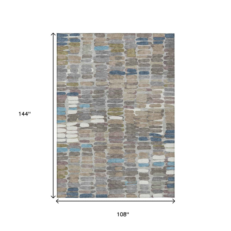 9' X 12' Taupe Ivory And Blue Abstract Washable Indoor Outdoor Area Rug