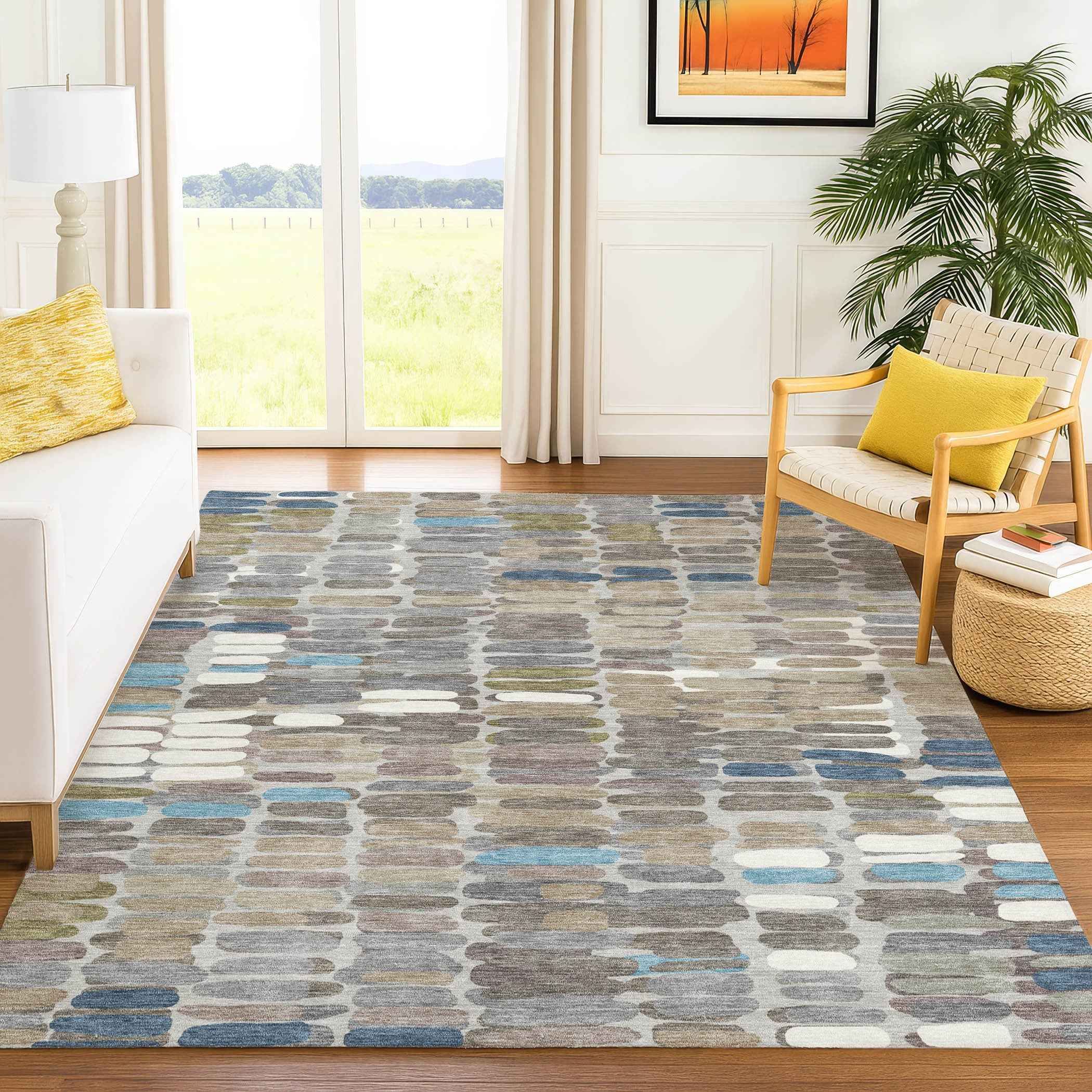 9' X 12' Taupe Ivory And Blue Abstract Washable Indoor Outdoor Area Rug