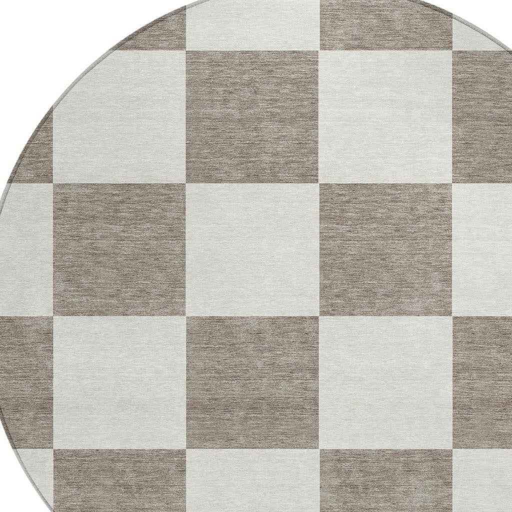 8' Taupe And Ivory Round Geometric Washable Indoor Outdoor Area Rug