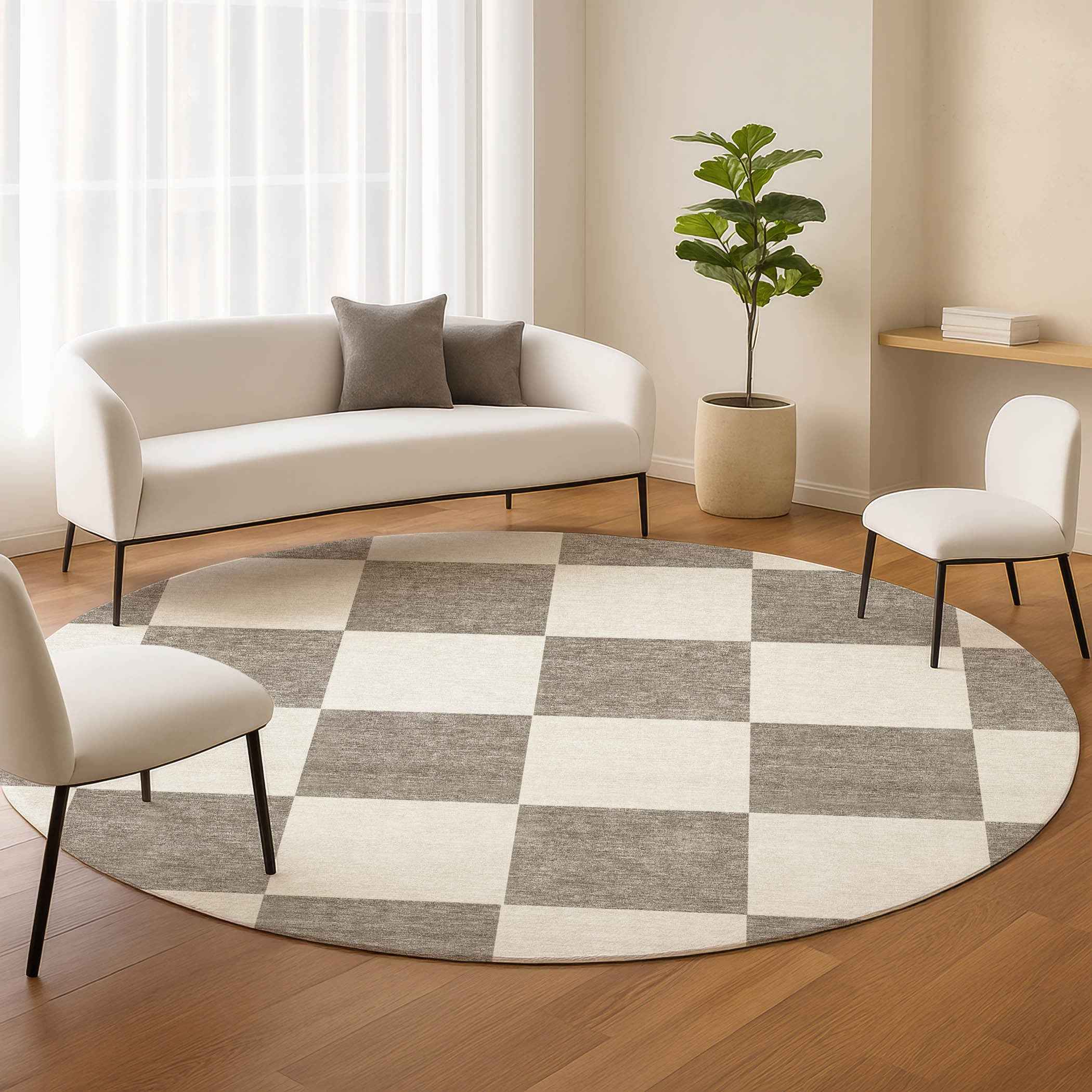 8' Taupe And Ivory Round Geometric Washable Indoor Outdoor Area Rug