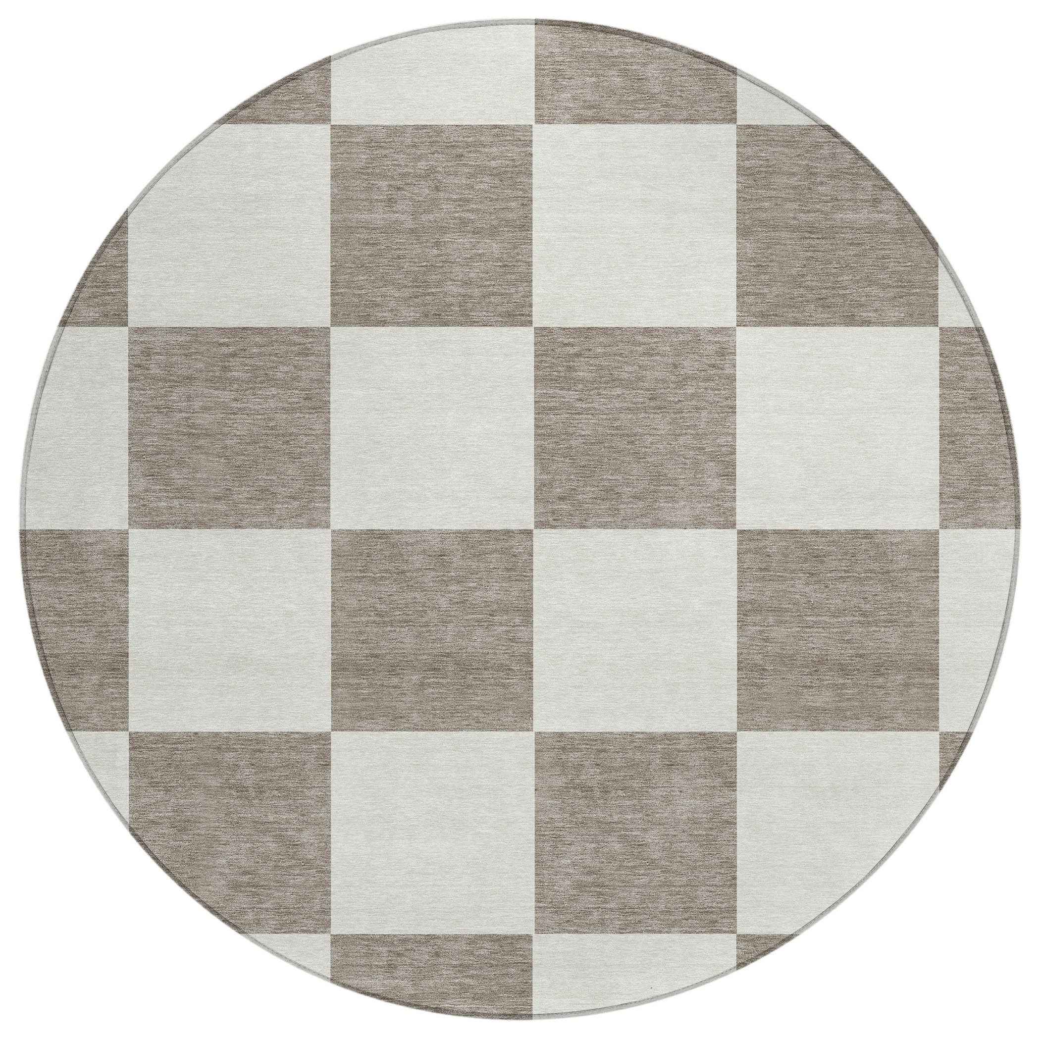 8' Taupe And Ivory Round Geometric Washable Indoor Outdoor Area Rug