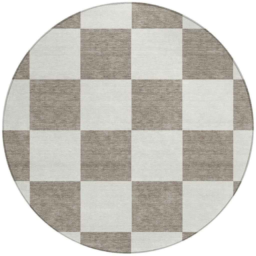 8' Taupe And Ivory Round Geometric Washable Indoor Outdoor Area Rug