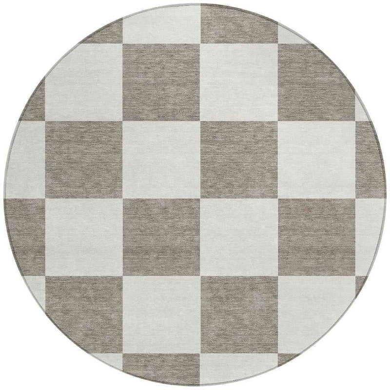 8' Taupe And Ivory Round Geometric Washable Indoor Outdoor Area Rug