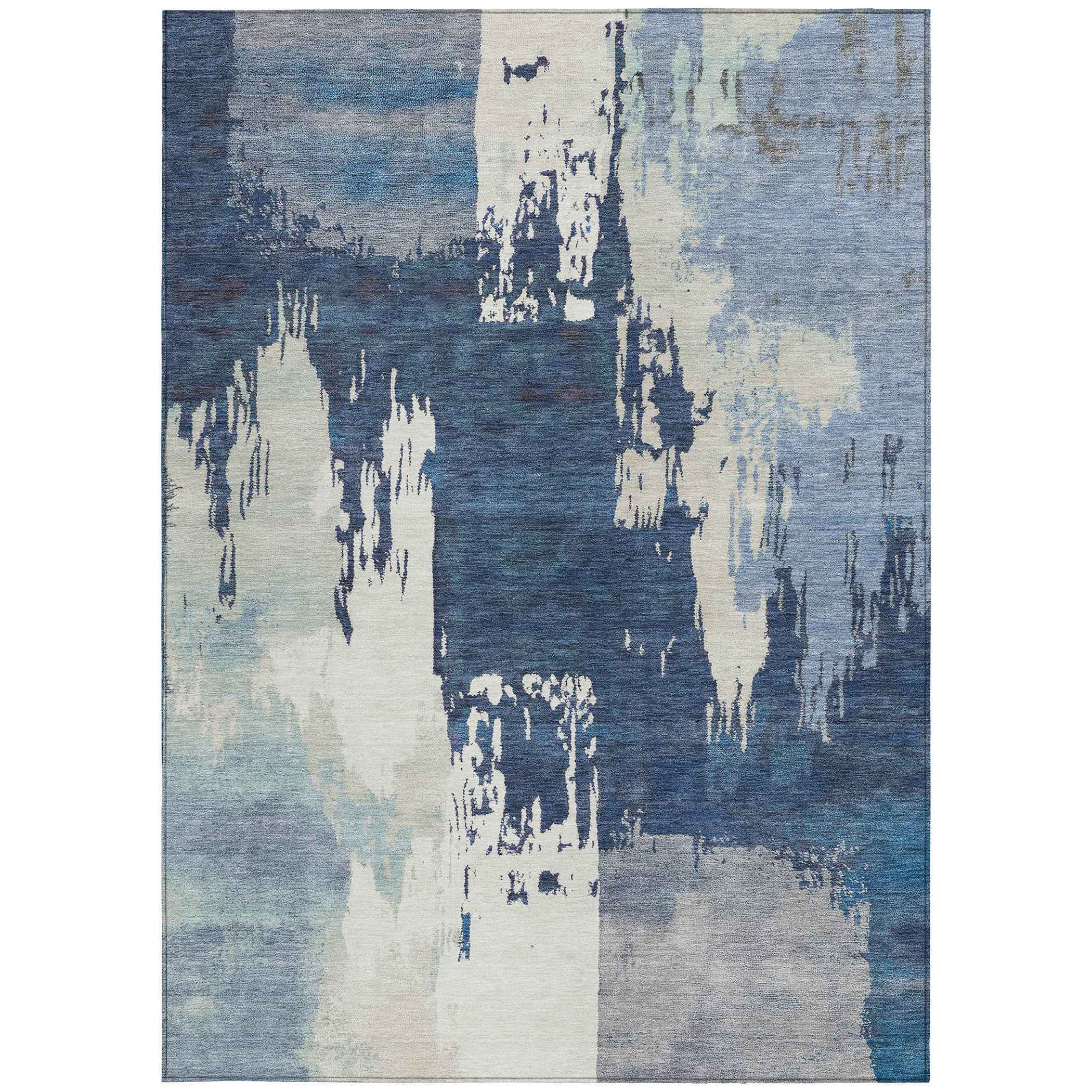 9' X 12' Blue And Ivory Abstract Washable Indoor Outdoor Area Rug