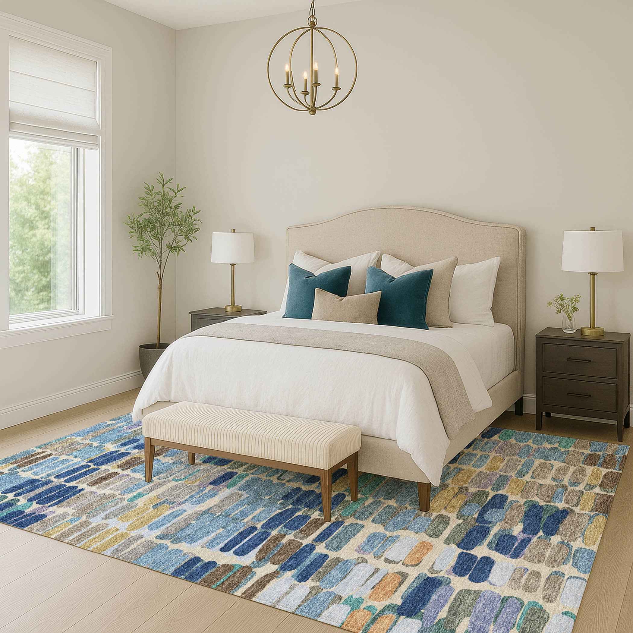 9' X 12' Denim Blue Wheat And Beige Abstract Washable Indoor Outdoor Area Rug