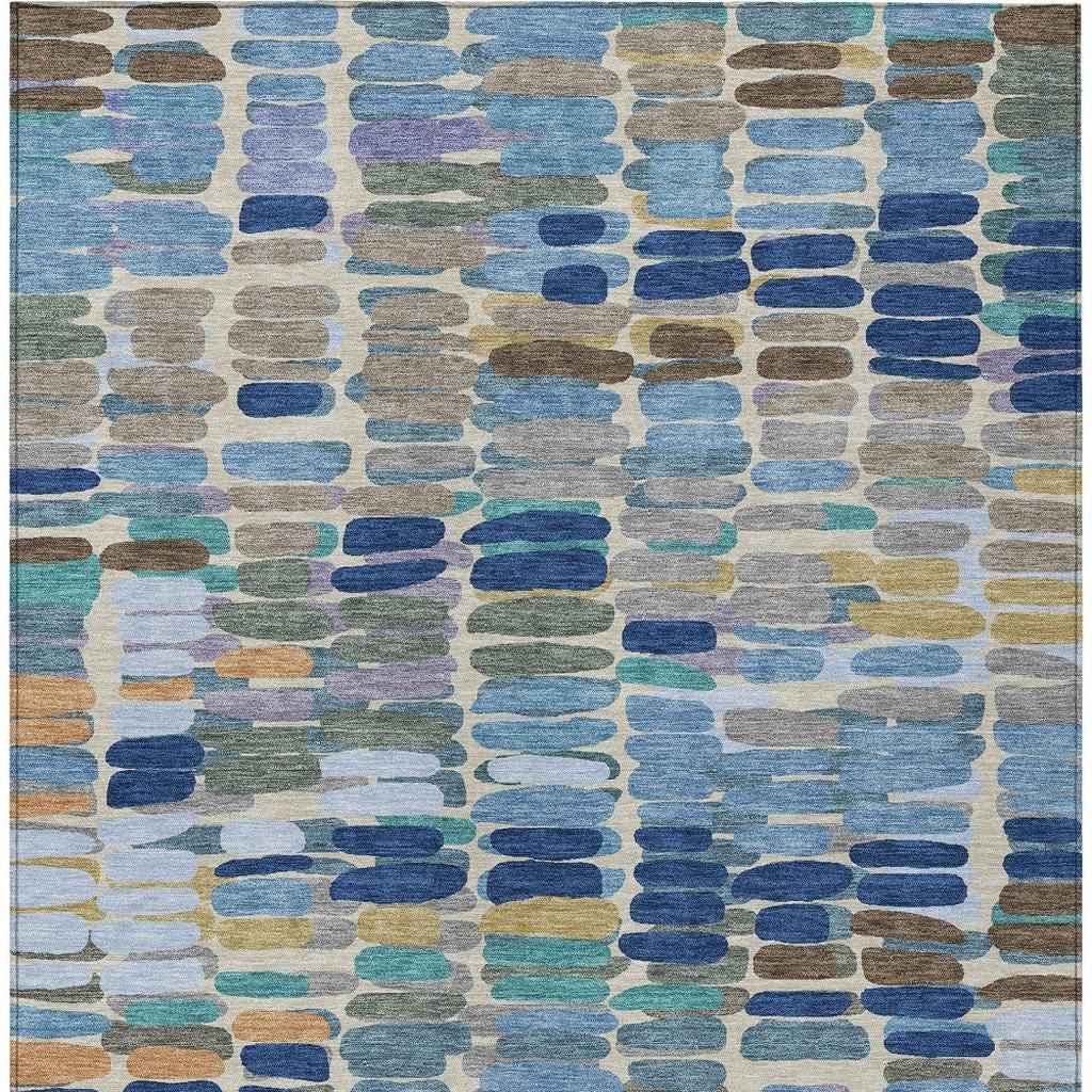 9' X 12' Denim Blue Wheat And Beige Abstract Washable Indoor Outdoor Area Rug