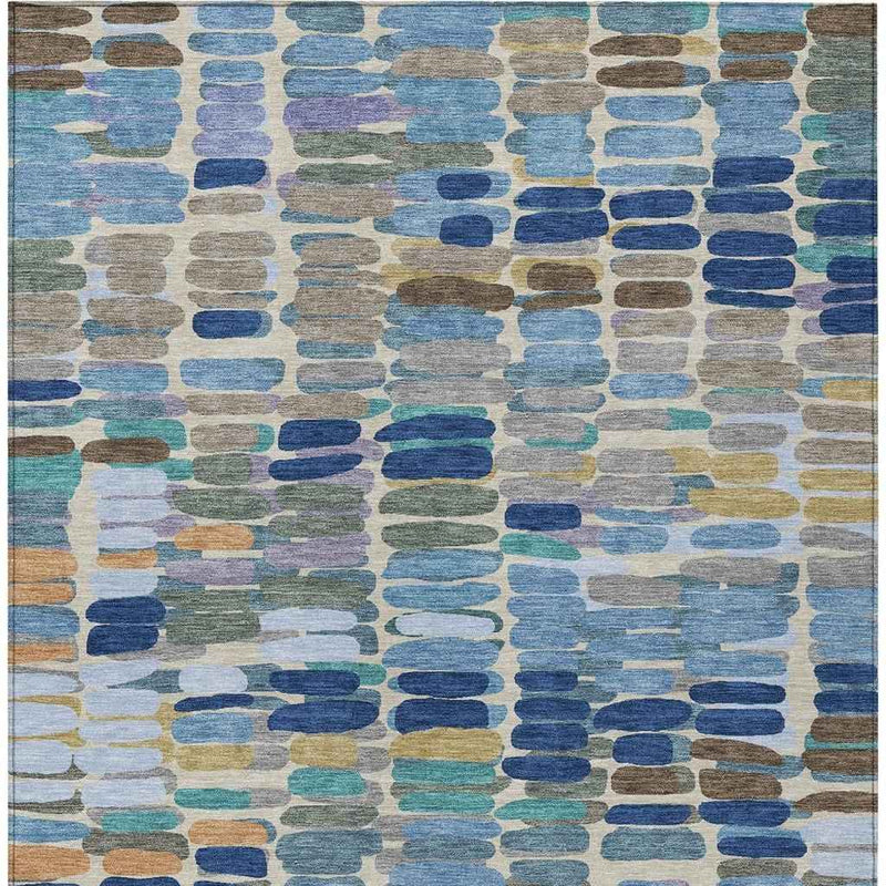 9' X 12' Denim Blue Wheat And Beige Abstract Washable Indoor Outdoor Area Rug