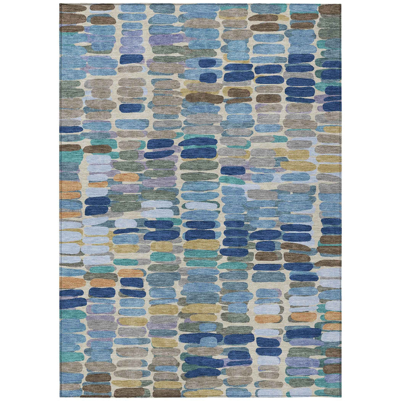 9' X 12' Denim Blue Wheat And Beige Abstract Washable Indoor Outdoor Area Rug