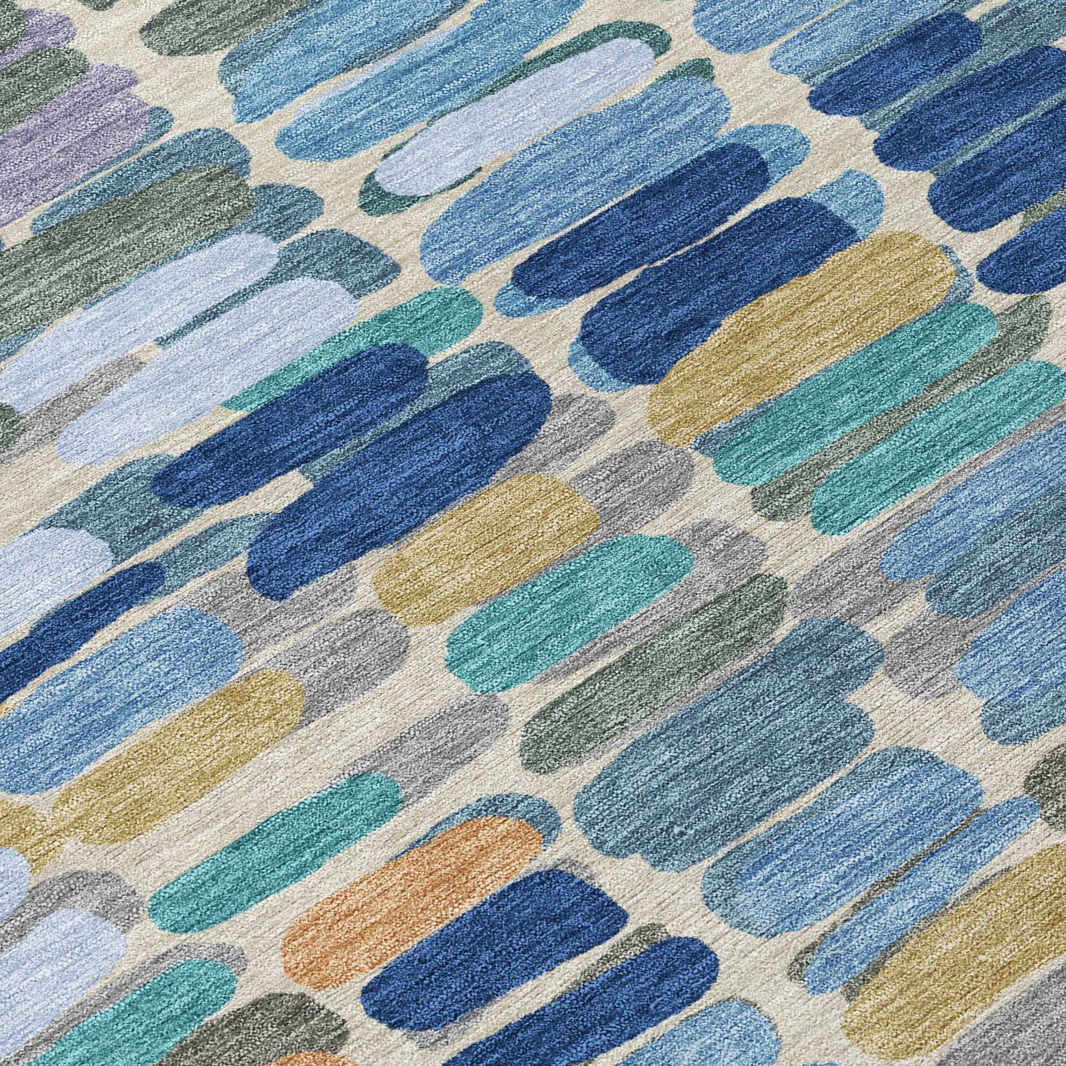 9' X 12' Denim Blue Wheat And Beige Abstract Washable Indoor Outdoor Area Rug