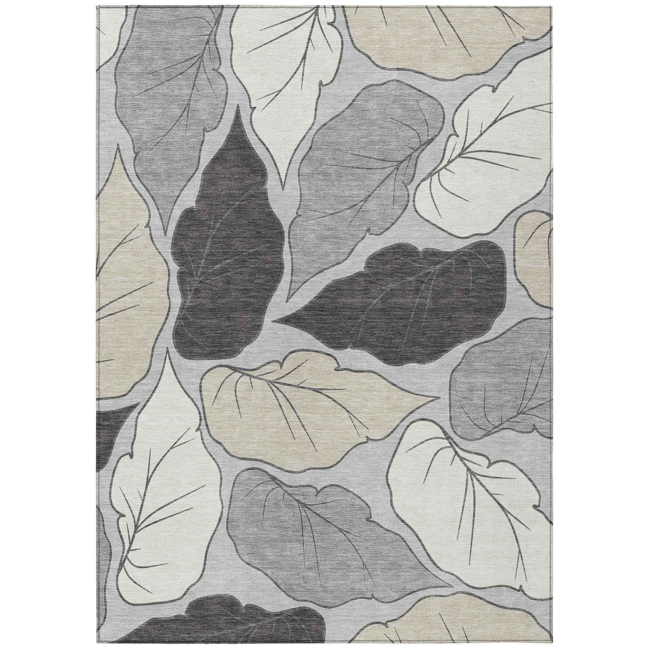 5' X 8' Silver Gray And Beige Botanical Leaves Washable Indoor Outdoor Area Rug