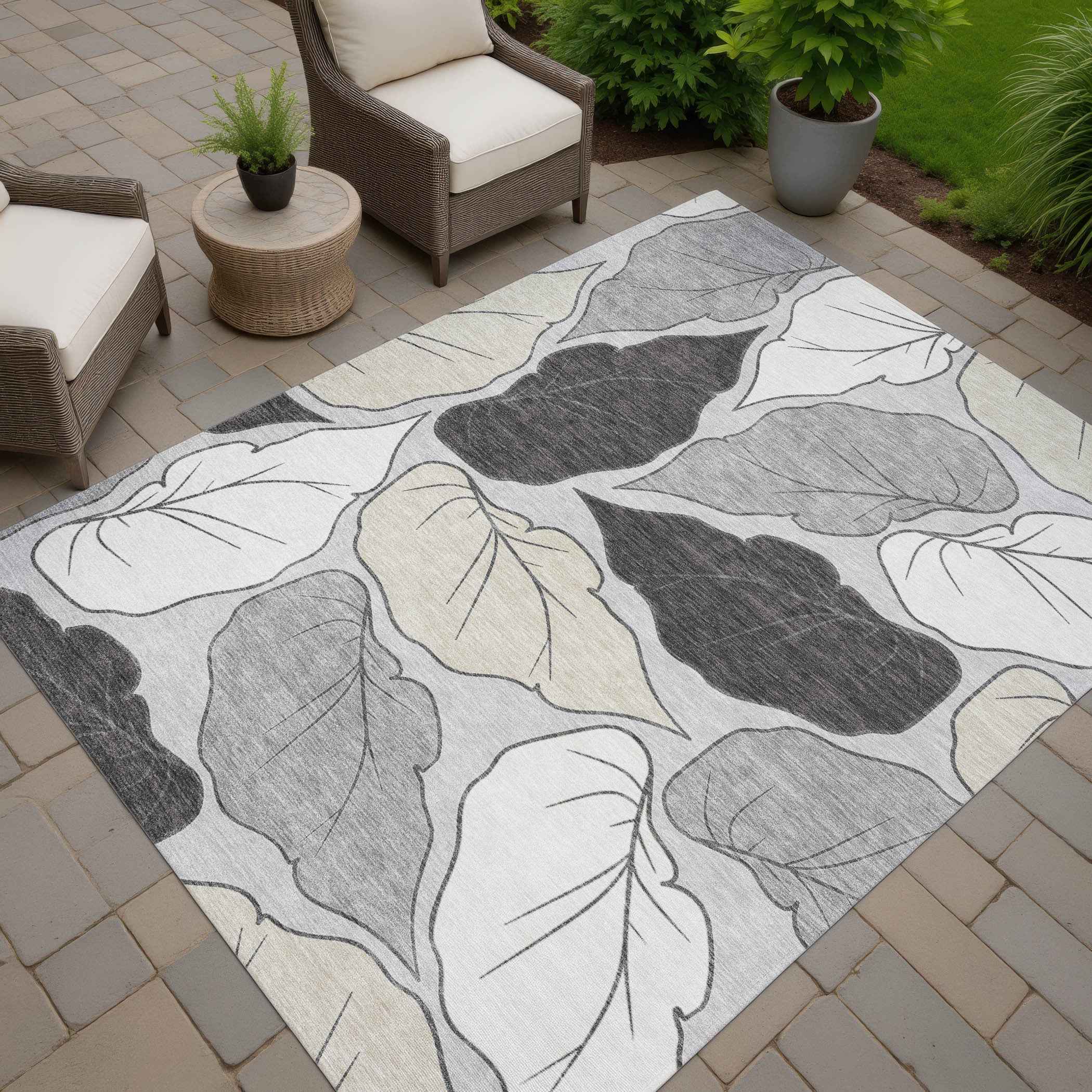 5' X 8' Silver Gray And Beige Botanical Leaves Washable Indoor Outdoor Area Rug