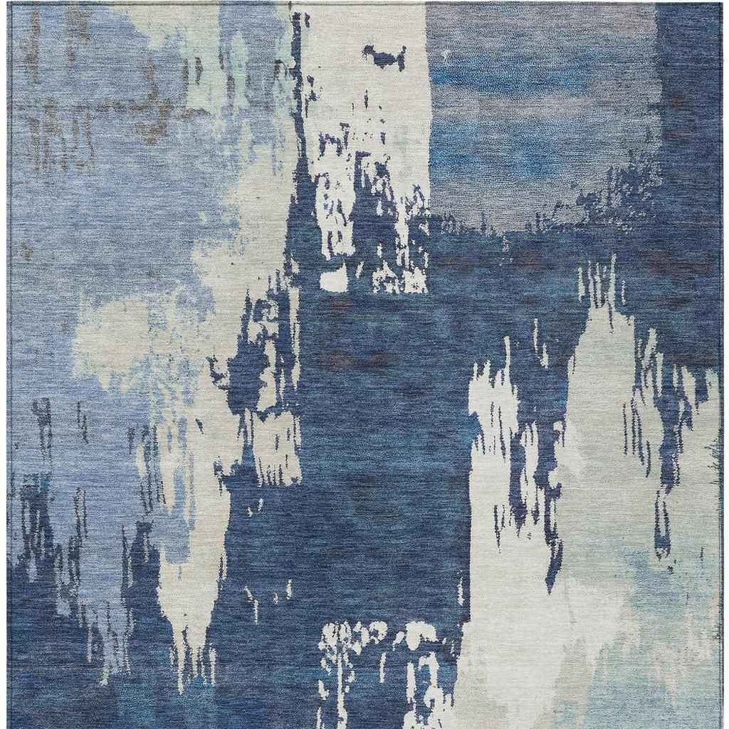 3' X 5' Blue And Ivory Abstract Washable Indoor Outdoor Area Rug
