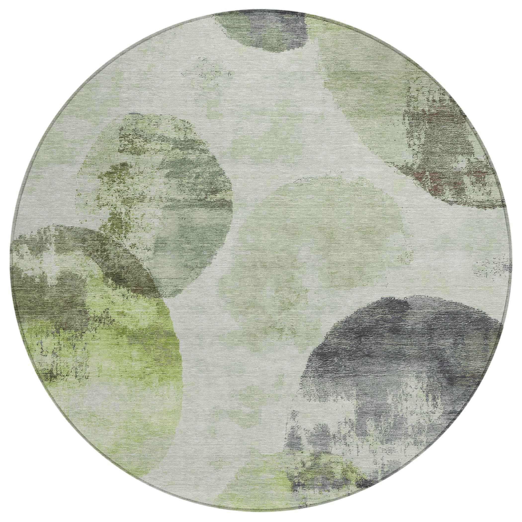 8' Artichoke Green And Ivory Round Abstract Washable Indoor Outdoor Area Rug