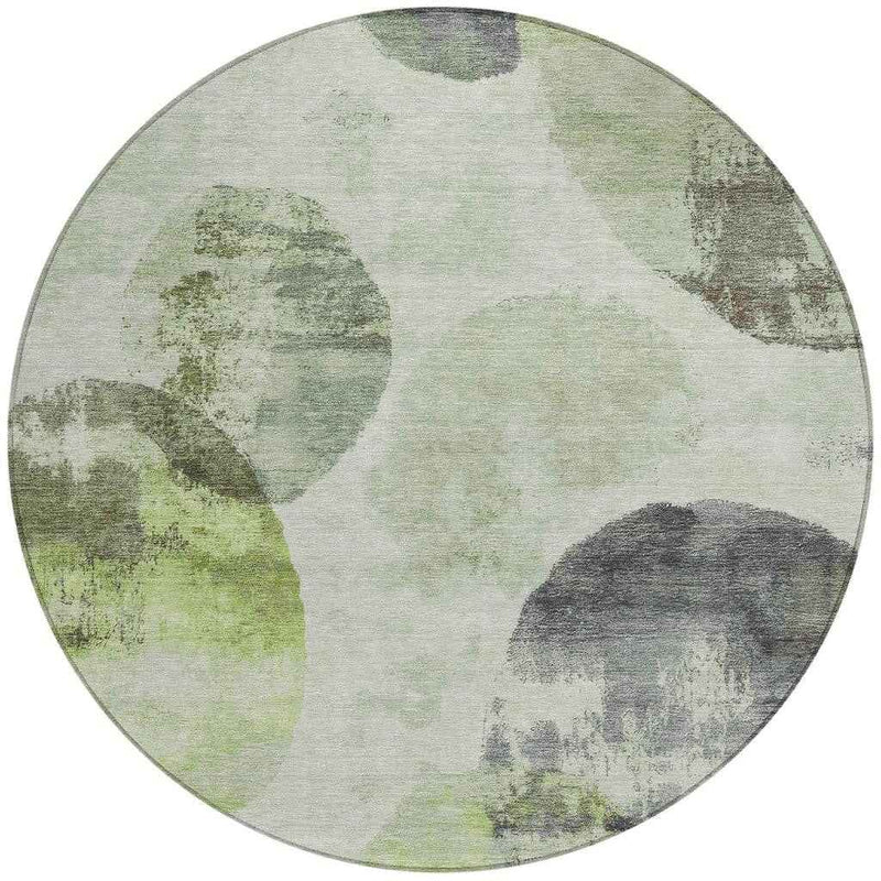 8' Artichoke Green And Ivory Round Abstract Washable Indoor Outdoor Area Rug