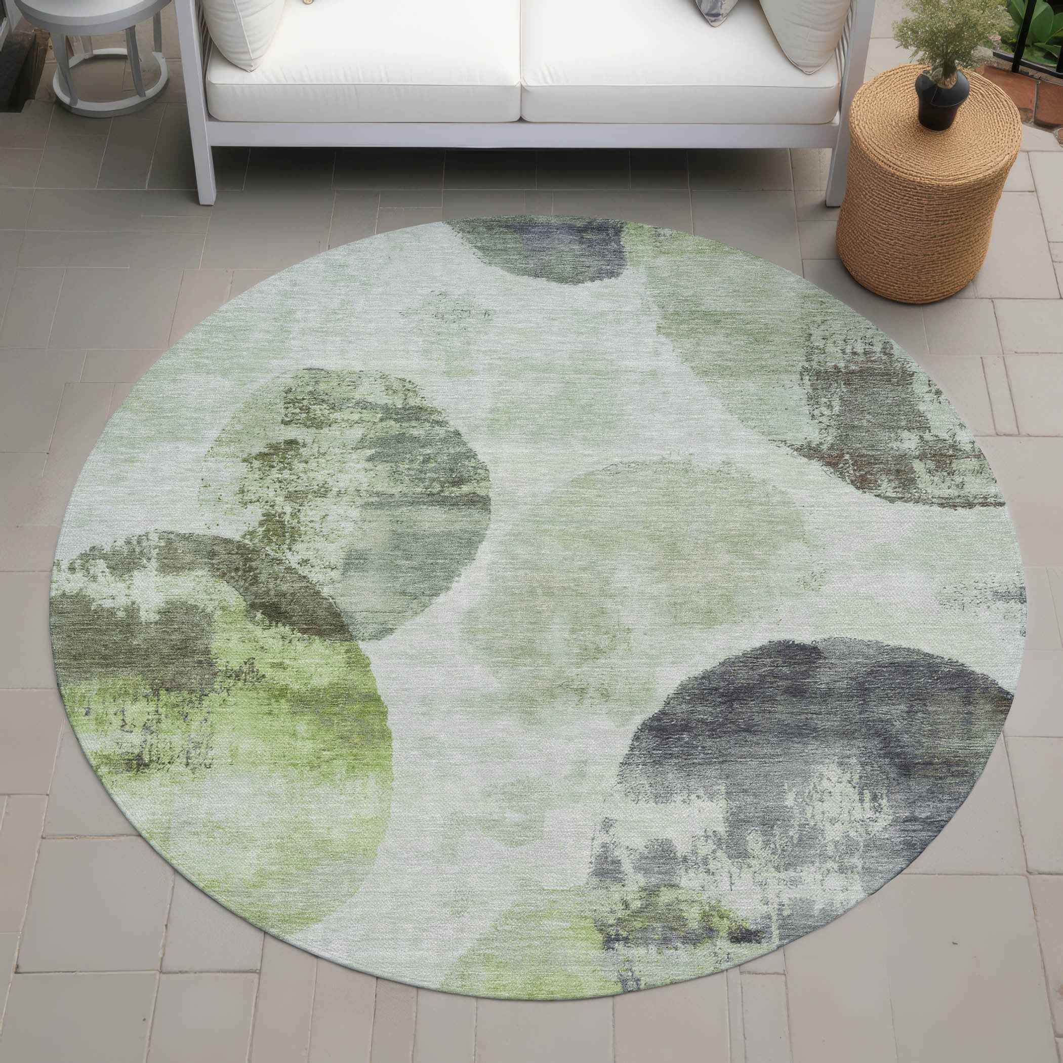 8' Artichoke Green And Ivory Round Abstract Washable Indoor Outdoor Area Rug