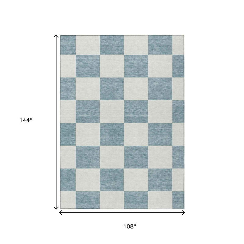 9' X 12' Teal Blue And Ivory Geometric Washable Indoor Outdoor Area Rug