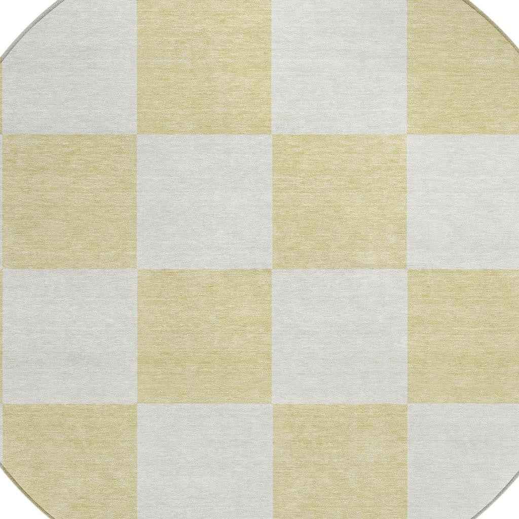 8' Wheat And Beige Round Geometric Washable Indoor Outdoor Area Rug