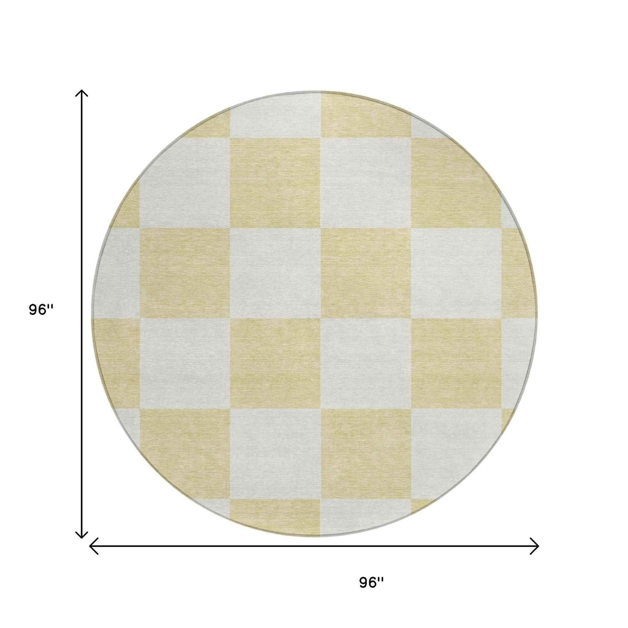 8' Wheat And Beige Round Geometric Washable Indoor Outdoor Area Rug