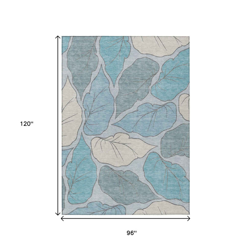 8' X 10' Teal Blue And Ivory Botanical Leaves Washable Indoor Outdoor Area Rug