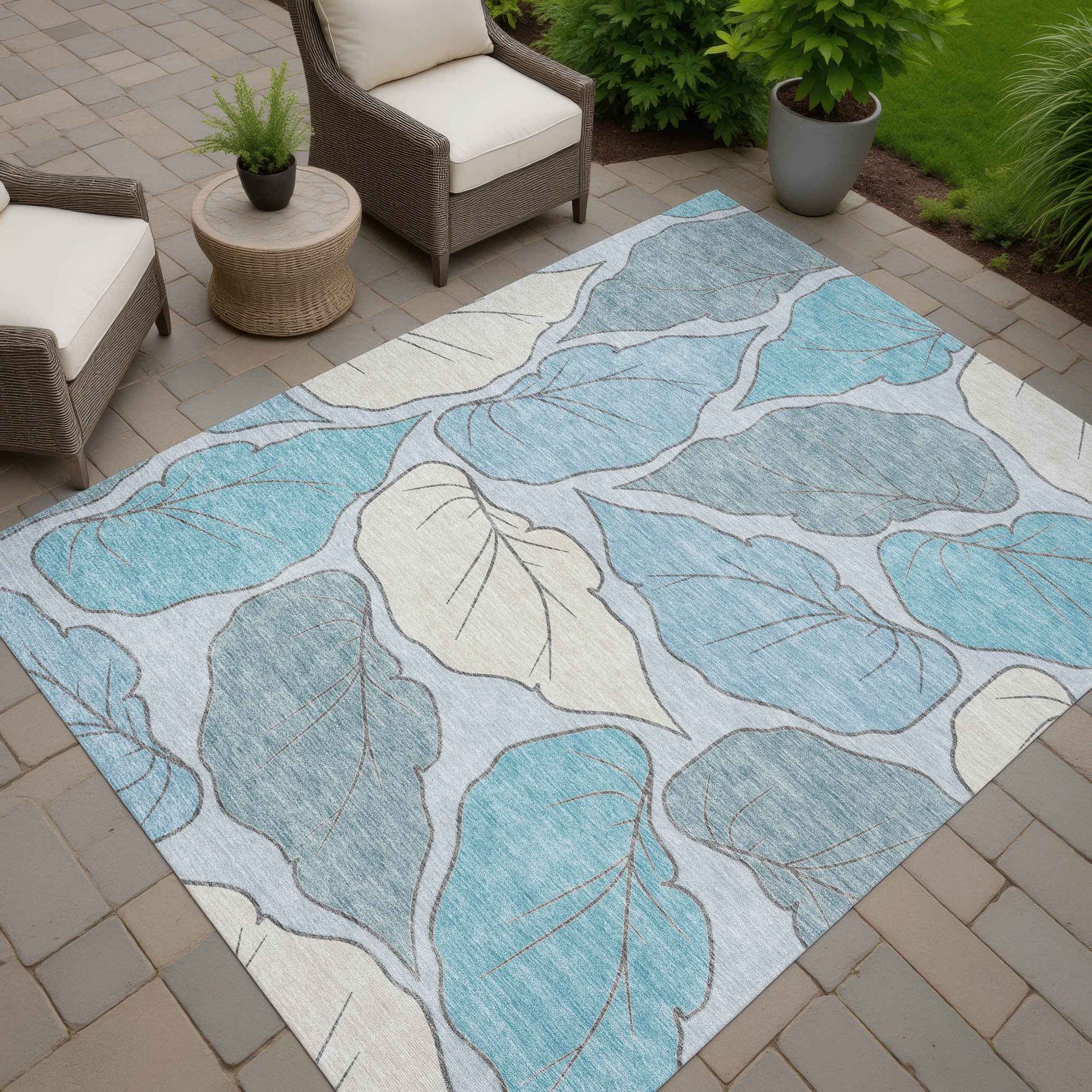 10' X 14' Teal Blue And Ivory Botanical Leaves Washable Indoor Outdoor Area Rug