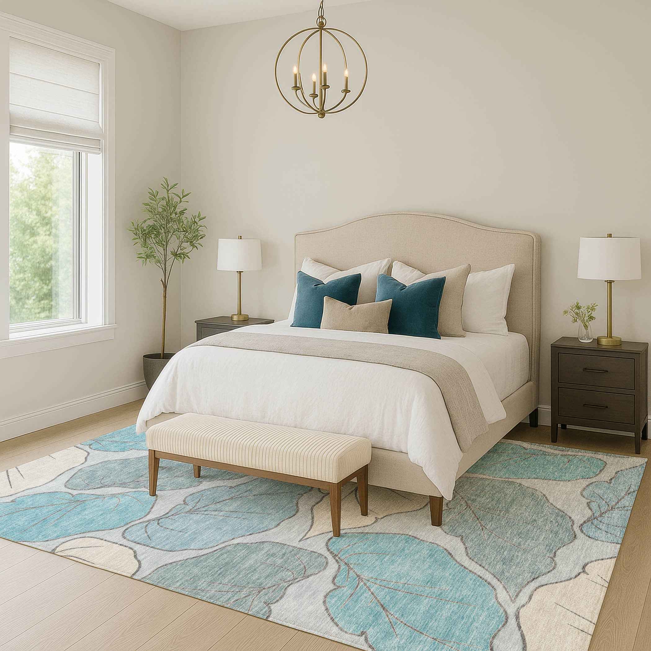 10' X 14' Teal Blue And Ivory Botanical Leaves Washable Indoor Outdoor Area Rug